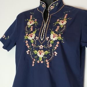 Embroidered Mandarin Style Navy Short Sleeve Top